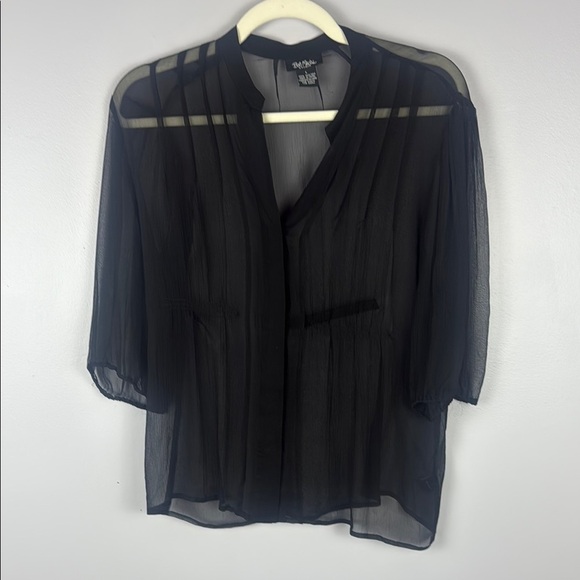 Bob Mackie 100% Silk Classic Black Sheer Blouse with Mandarin Collar Size Large - Picture 2 of 8